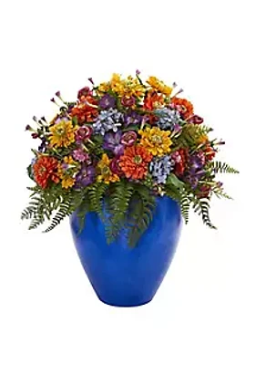 Nearly Natural Giant Mixed Floral Artificial Arrangement in Blue Vase