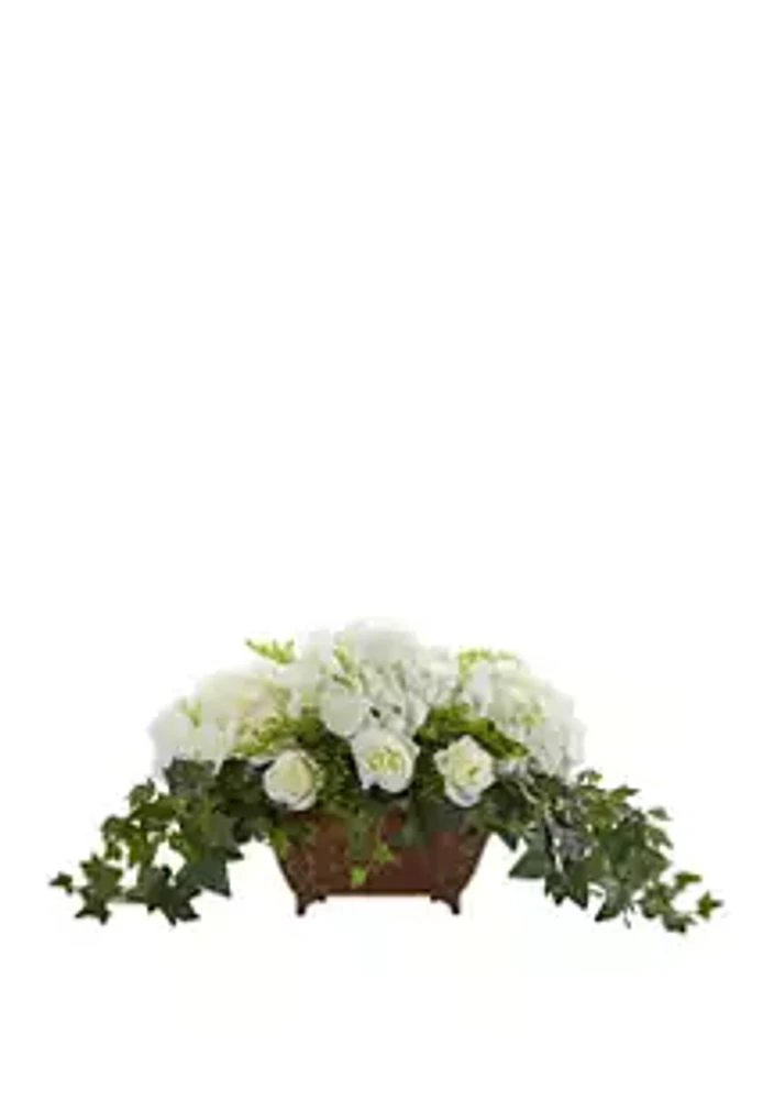 Nearly Natural Hydrangea and Roses Artificial Arrangement in Metal Planter