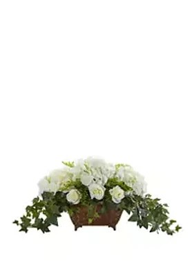 Nearly Natural Hydrangea and Roses Artificial Arrangement in Metal Planter