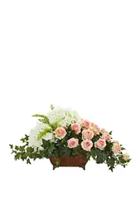 Nearly Natural Hydrangea and Rose Artificial Arrangement in Metal Planter