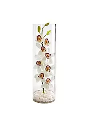 Nearly Natural Cymbidium Orchid Artificial Arrangement in Tall Cylinder Vase