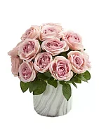 Nearly Natural Rose Artificial Arrangement in Marble Finish Vase