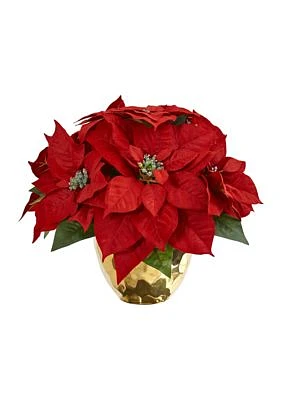 Poinsettia Artificial Arrangement in Golden Vase