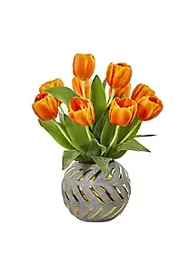 Nearly Natural Tulip Artificial Arrangement in Decorative Vase