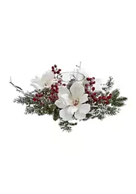 Nearly Natural Frosted Magnolia & Berry Artificial Arrangement Candelabrum