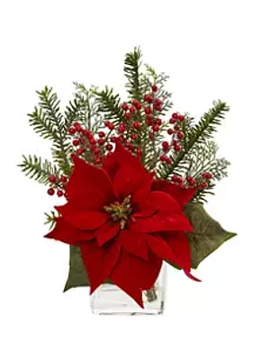 Nearly Natural Poinsettia, Pine and Berries in Vase Artificial Arrangement
