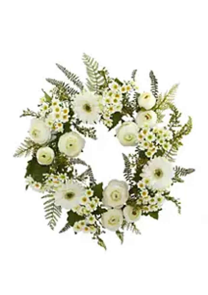 Nearly Natural 24 Inch Mixed Daisies and Ranunculus Wreath