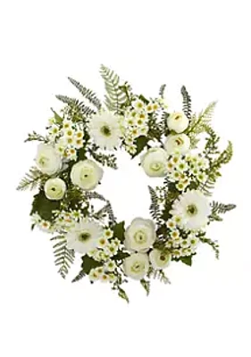 Nearly Natural 24 Inch Mixed Daisies and Ranunculus Wreath