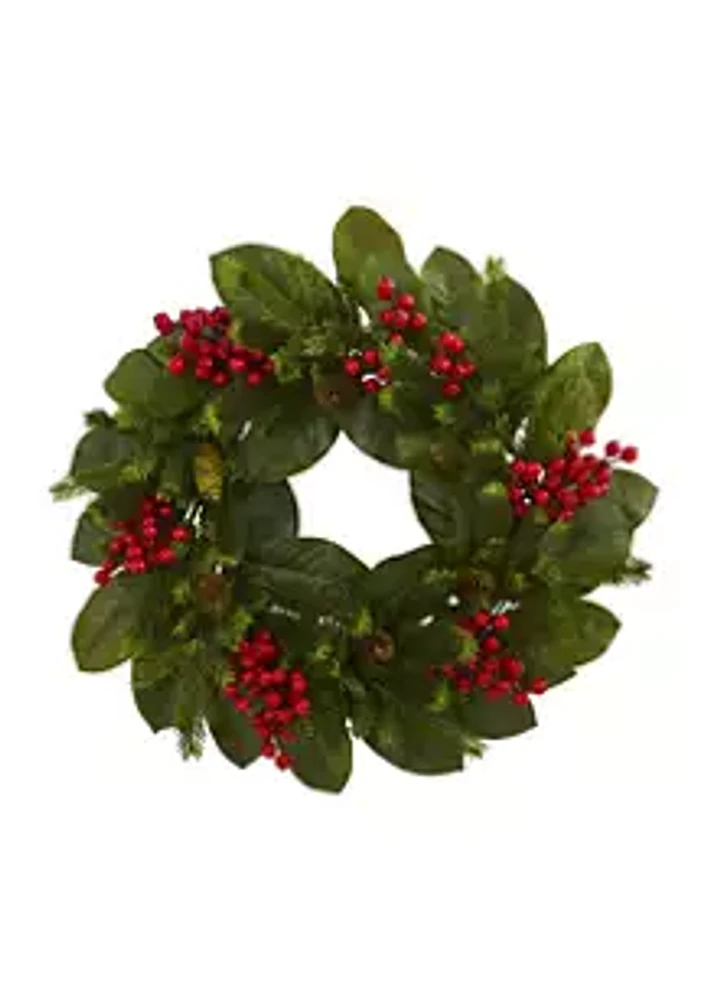 Nearly Natural Magnolia Leaf, Berry and Pine Wreath