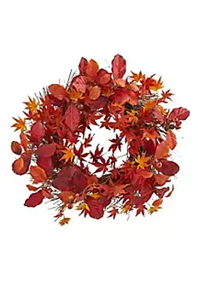 Nearly Natural 22-Inch Japanese Maple, Magnolia Leaf and Berries Artificial Wreath