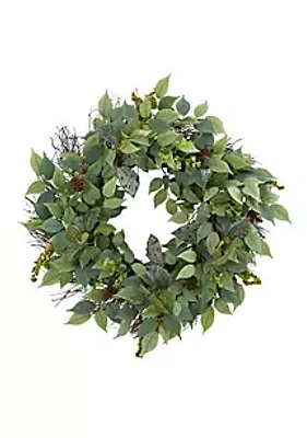 Nearly Natural 23-Inch Mix Royal Ruscus, Fittonia and Berries Artificial Wreath