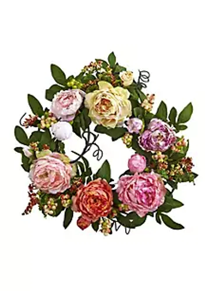 Nearly Natural 20-Inch Mixed Peony and Berry Wreath