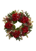 Nearly Natural 24 inch Hydrangea Pine Wreath