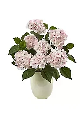 Nearly Natural Pink Hydrangea Silk Arrangement with White Planter