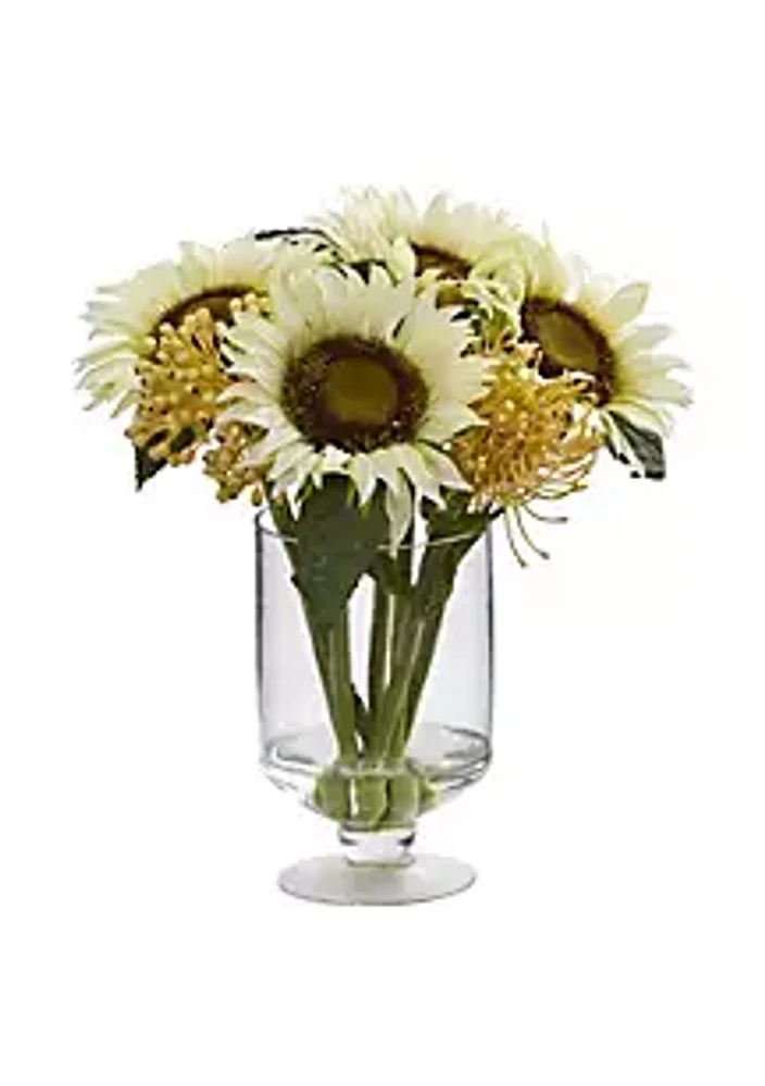 Nearly Natural 12-Inch Sunflower and Sedum Artificial Arrangement in Vase