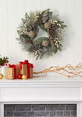 Nearly Natural Snow Tipped Holiday Wreath with Berries Pine Cones and Ornaments