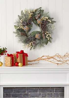 Snow Tipped Holiday Wreath with Berries Pine Cones and Ornaments