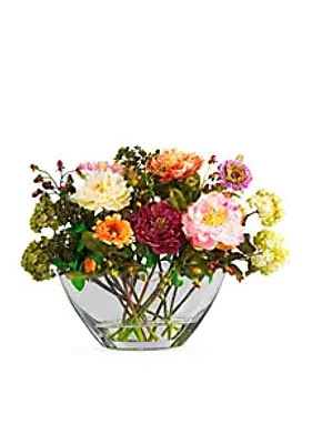 Nearly Natural Peony Silk Flower Arrangement with Glass Vase