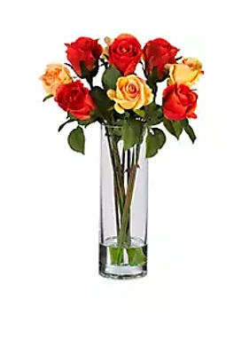 Nearly Natural Rose Silk Flower Arrangement with Glass Vase
