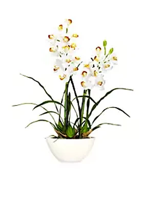 Nearly Natural Cymbidium Silk Flower Arrangement with White Vase