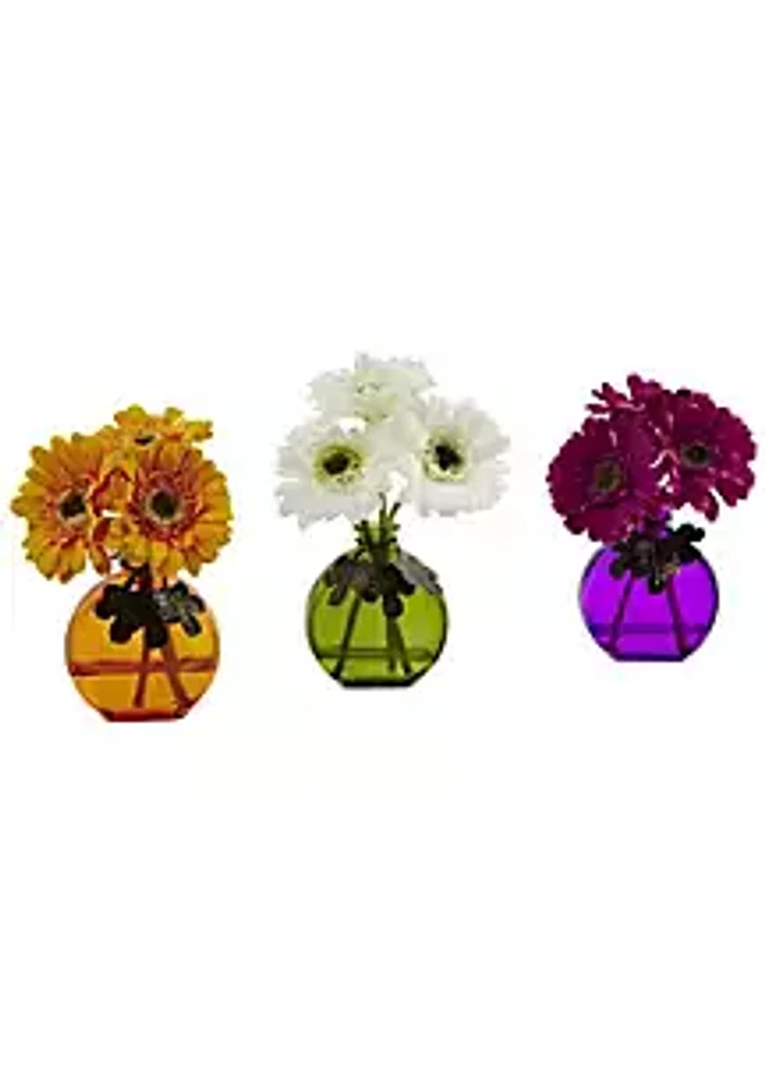 Nearly Natural Gerbera Daisy with Colored Vase (Set of 3)