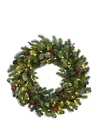 Nearly Natural 30 in Lighted Pine Wreath with Berries and Pine Cones