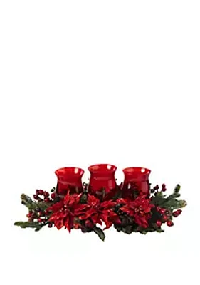 Nearly Natural Poinsettia & Berry Triple Candelabrum