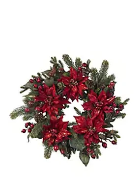 Nearly Natural 24 in Poinsettia and Berry Wreath