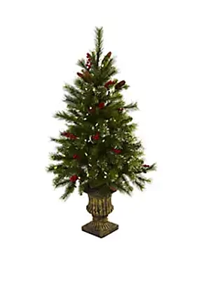 Nearly Natural 4 ft Christmas Tree with Berries Pine Cones LED Lights & Decorative Urn