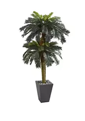 Nearly Natural 6 Foot Double Sago Palm Artificial Tree Slate Finished Planter