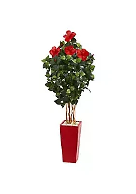 Nearly Natural 5.5-Foot Hibiscus Artificial Tree in Red Tower Planter
