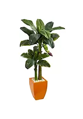 Nearly Natural 5.5-Foot Double Stalk Banana Artificial Tree in Orange Planter