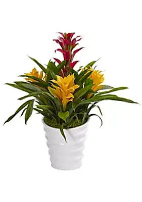 Nearly Natural Tropical Bromeliad Artificial Plant in White Swirl Vase