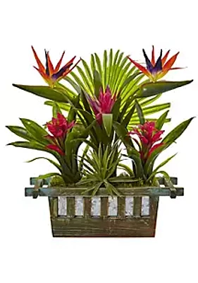Nearly Natural Bird of Paradise and Bromeliad in Planter