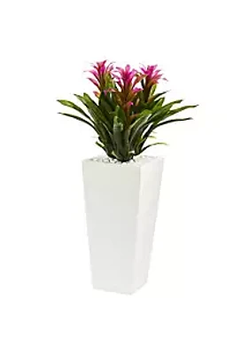 Nearly Natural Triple Bromeliad Artificial Plant in White Tower Planter
