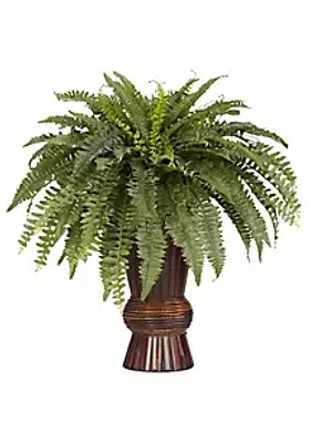 Nearly Natural Boston Fern Silk Plant with Bamboo Vase