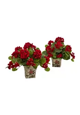 Nearly Natural Geranium Flowering Silk Plant with Floral Planter - Set of 2