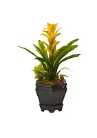 Nearly Natural Bromeliad in Black Hexagon Planter