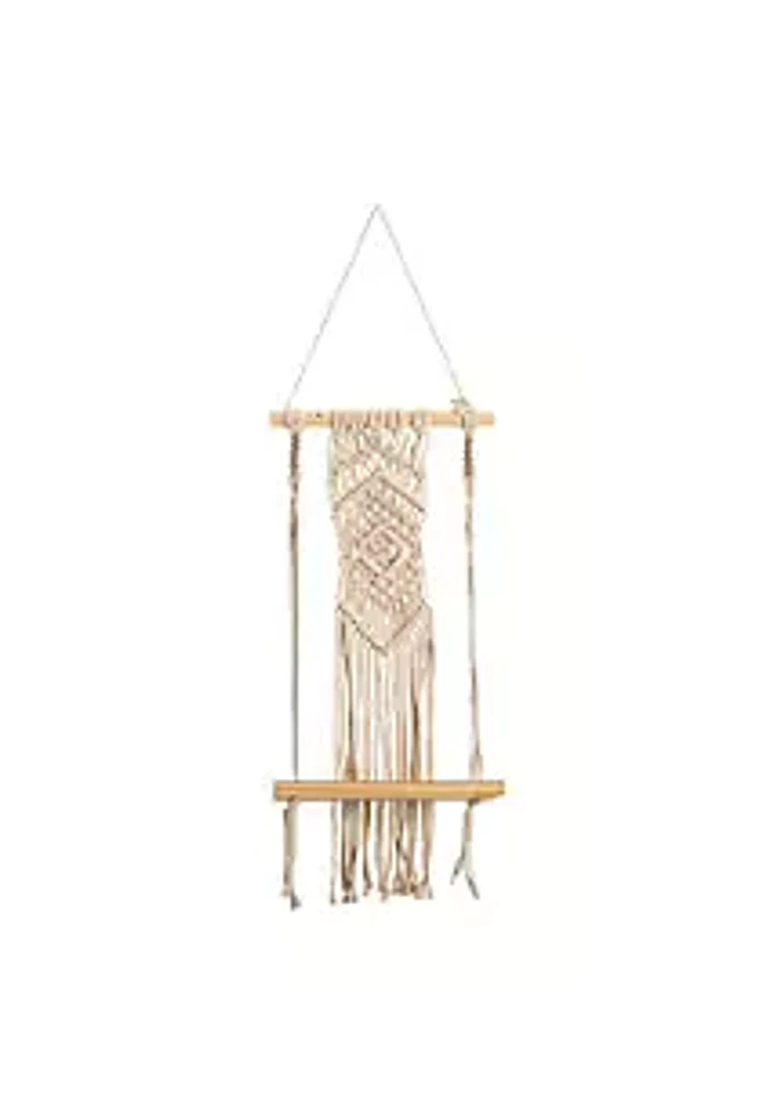 Nearly Natural 22-Inch Boho Chic Wood Macrame Shelf with Diamond Weave