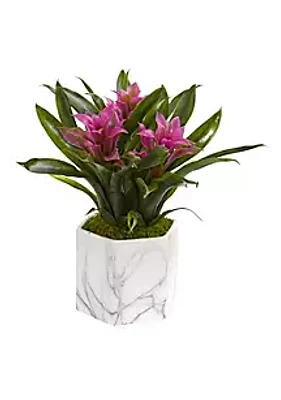 Nearly Natural Bromeliad Artificial Plant in Marble Finished Vase