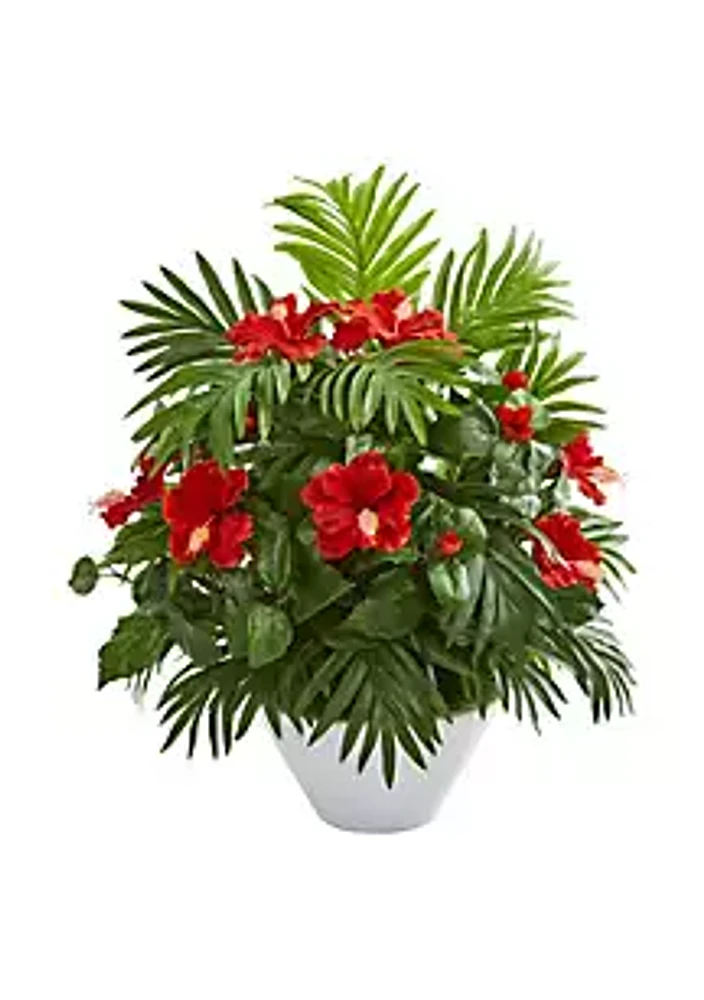 Nearly Natural Hibiscus and Areca Palm Artificial Plant in White Bowl