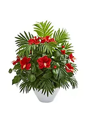 Nearly Natural Hibiscus and Areca Palm Artificial Plant in White Bowl