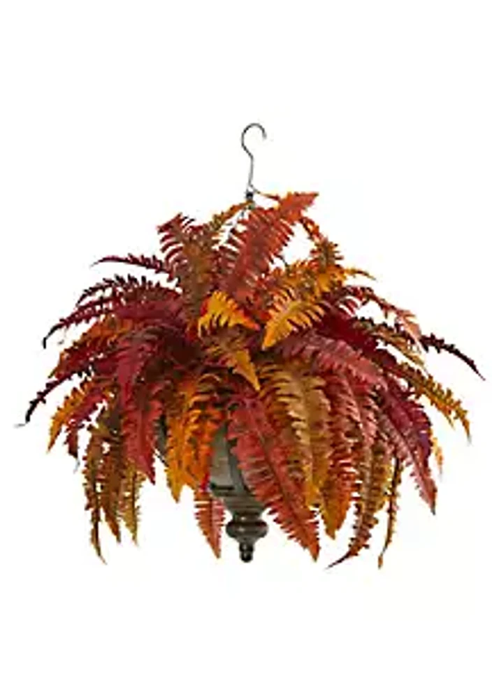 Nearly Natural 28-Inch Autumn Boston Fern Artificial Plant in Hanging Metal Bowl