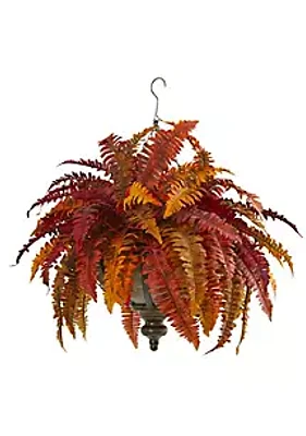 Nearly Natural 28-Inch Autumn Boston Fern Artificial Plant in Hanging Metal Bowl