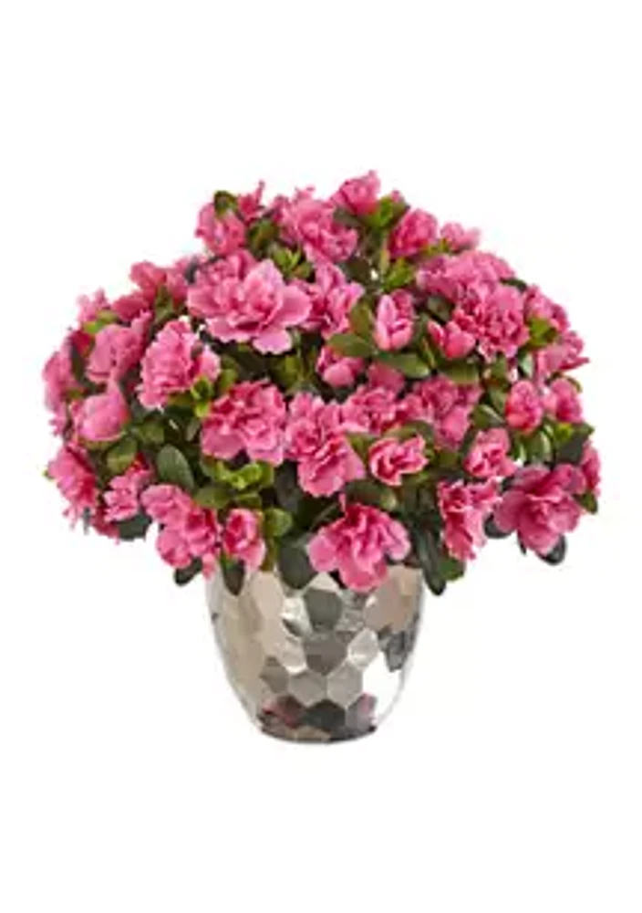 Nearly Natural Azalea Plant in Silver Planter