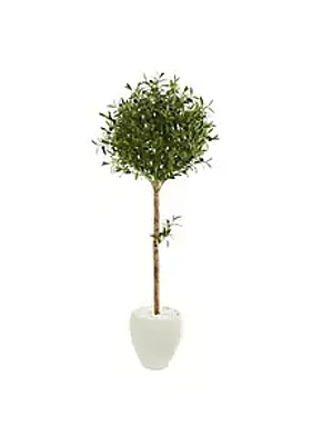 Nearly Natural 5-Foot Olive Topiary Artificial Tree in White Planter