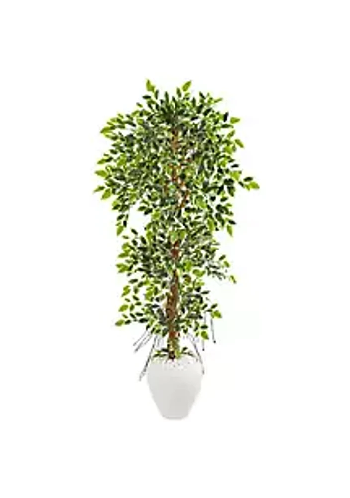 Nearly Natural 5.5-Foot Elegant Ficus Artificial Tree in White Planter