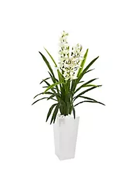 Nearly Natural 4.5-Foot Cymbidium Orchid Artificial Plant in White Tower Planter