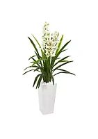 Nearly Natural 4.5-Foot Cymbidium Orchid Artificial Plant in White Tower Planter