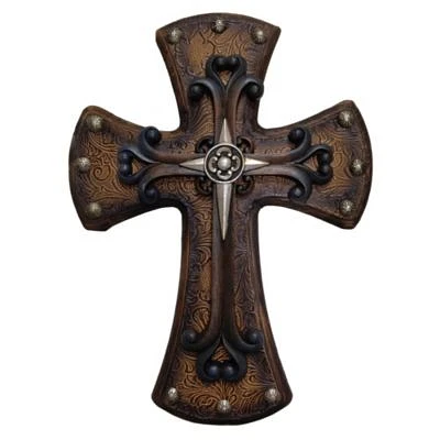 Studded Tooled Leather Wooden Cross with Silver Cross Overlay